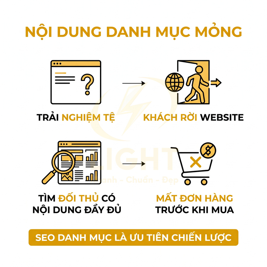 Infographic quy trình nội dung danh mục mỏng khiến khách rời website và mất đơn hàng, nhấn mạnh ưu tiên SEO danh mục