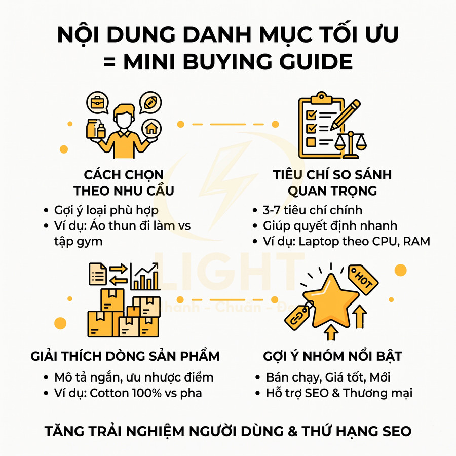 Hướng dẫn tối ưu nội dung danh mục sản phẩm dạng mini buying guide để tăng trải nghiệm và SEO