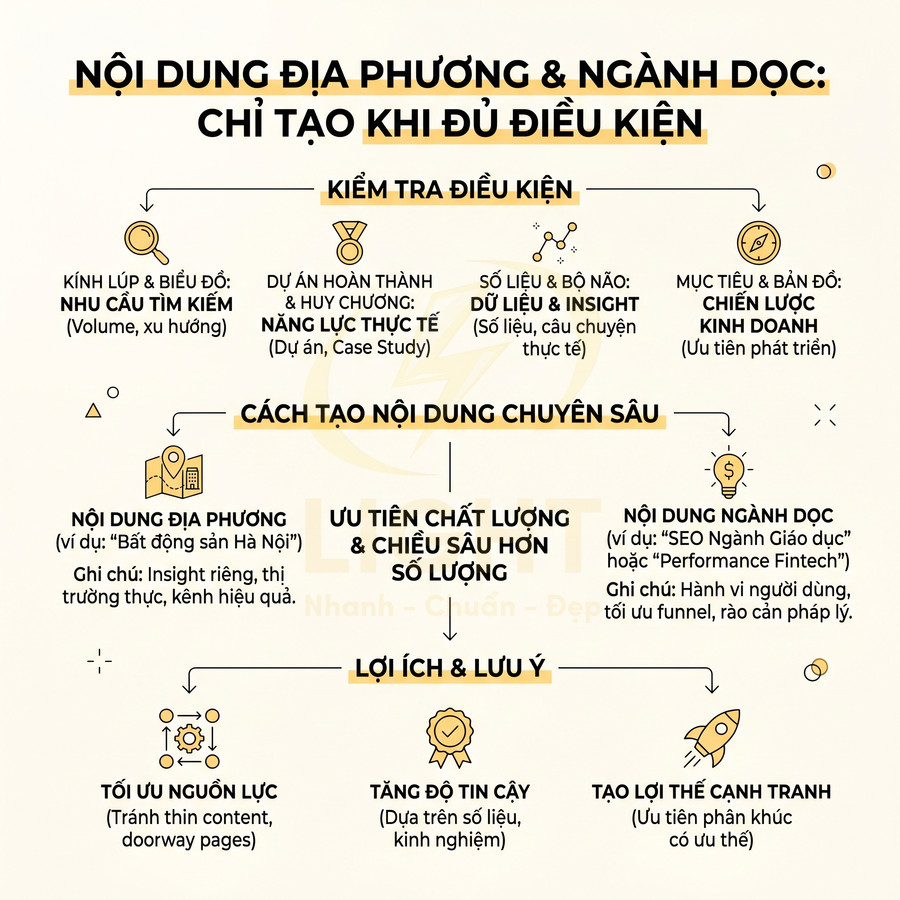 Infographic hướng dẫn tạo nội dung địa phương và ngành dọc chuyên sâu, nêu điều kiện, lợi ích và lưu ý cho chiến lược SEO