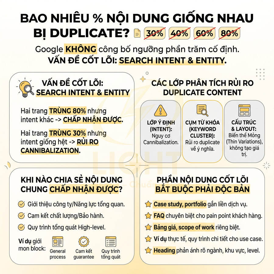 Infographic tiếng Việt giải thích tỷ lệ nội dung trùng lặp, search intent và các lớp phân tích rủi ro duplicate content