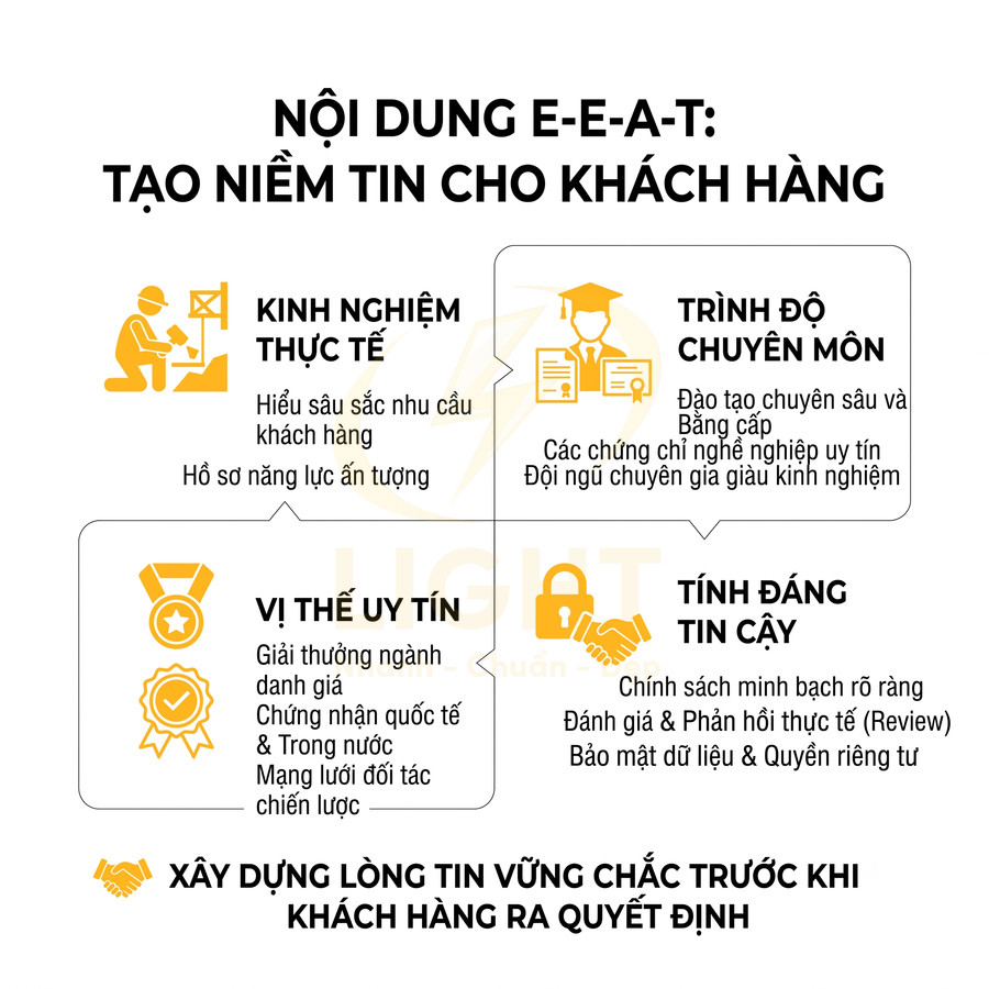 Infographic nội dung E-E-A-T xây dựng niềm tin khách hàng với kinh nghiệm, chuyên môn, uy tín và tính đáng tin cậy
