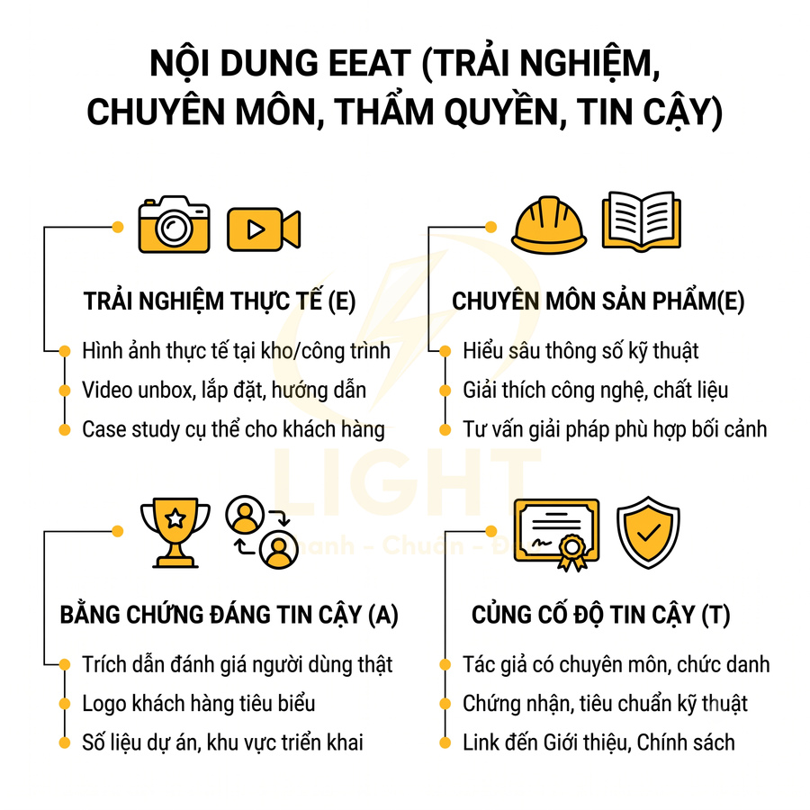 Infographic nội dung chuẩn SEO EEAT với các mục trải nghiệm thực tế, chuyên môn sản phẩm, bằng chứng tin cậy, củng cố độ tin cậy