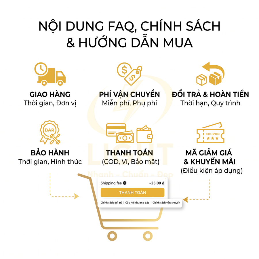 Nội dung FAQ chính sách mua hàng gồm giao hàng, phí vận chuyển, đổi trả, bảo hành, thanh toán, mã giảm giá