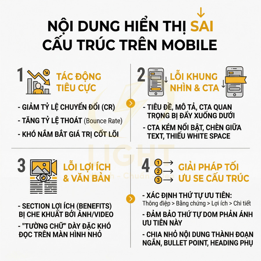 Infographic nội dung hiển thị sai cấu trúc trên mobile và giải pháp tối ưu bố cục CTA, lợi ích, văn bản
