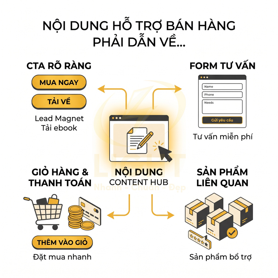 Mô hình content hub dẫn khách hàng tới CTA, form tư vấn, giỏ hàng thanh toán và sản phẩm liên quan hỗ trợ bán hàng