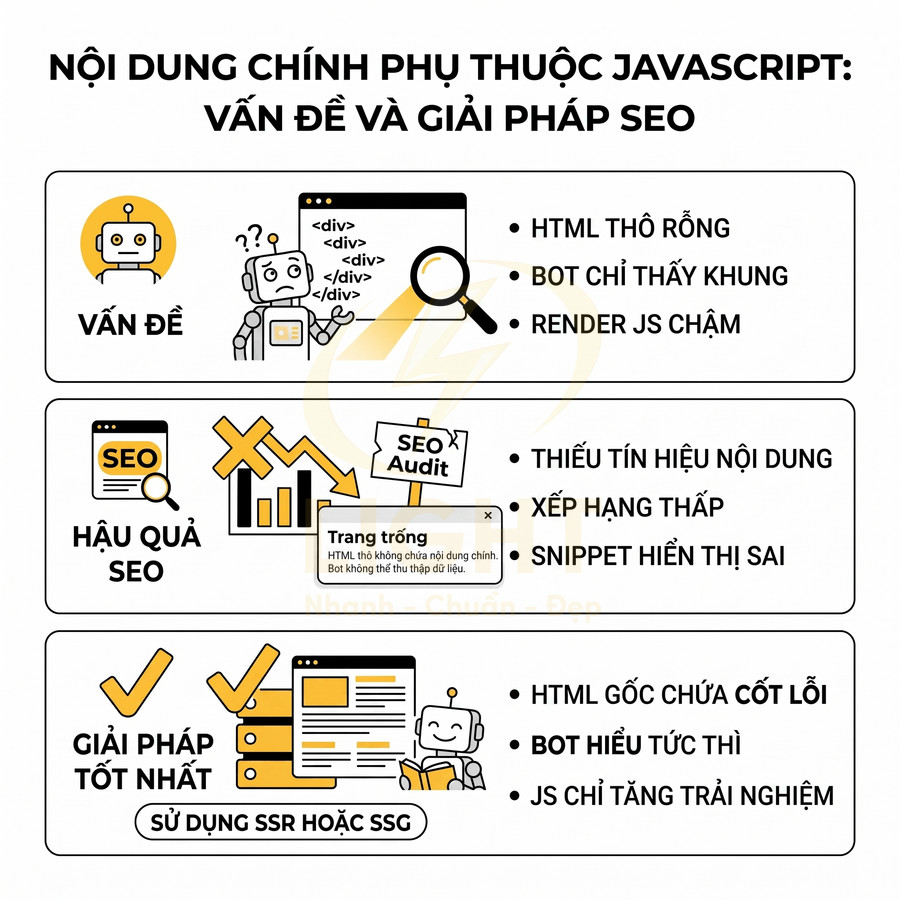 Nội dung phụ thuộc JavaScript gây vấn đề SEO và giải pháp tối ưu bằng SSR hoặc SSG