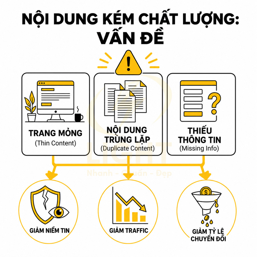 Infographic nội dung kém chất lượng với trang mỏng, nội dung trùng lặp, thiếu thông tin gây giảm traffic và chuyển đổi