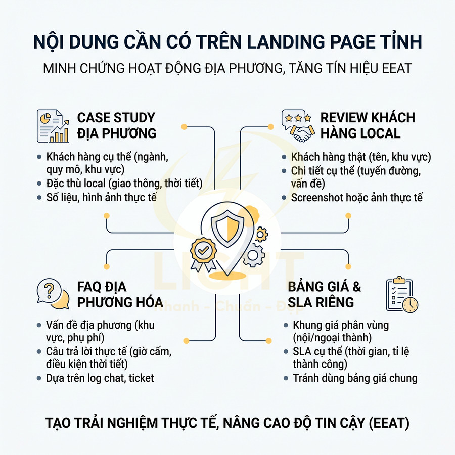 Nội dung cần có trên landing page tĩnh để chứng minh hoạt động địa phương và tăng độ tin cậy EEAT
