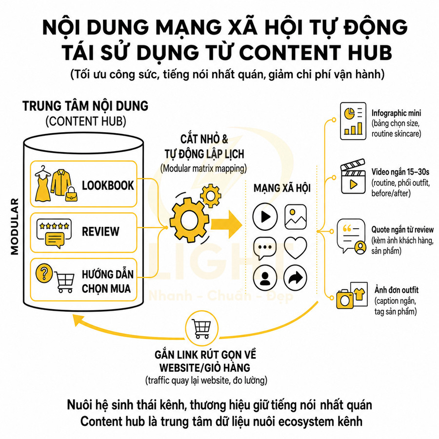 Mô hình content hub tái sử dụng nội dung lookbook, review, hướng dẫn mua sắm cho mạng xã hội và website bán hàng