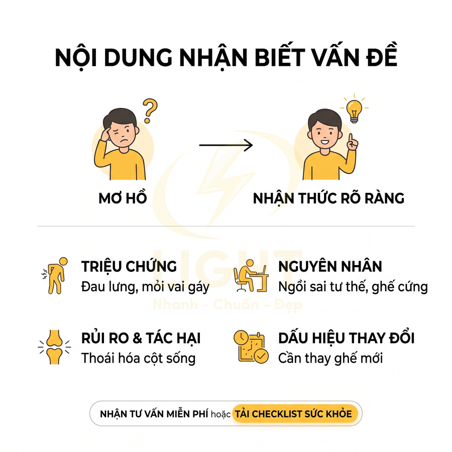 Infographic nhận biết vấn đề đau lưng do ngồi sai tư thế và gợi ý thay ghế mới để bảo vệ cột sống