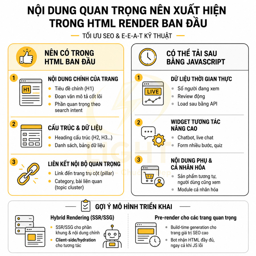 Infographic nội dung quan trọng nên xuất hiện trong HTML render ban đầu để tối ưu SEO và E-E-A-T kỹ thuật