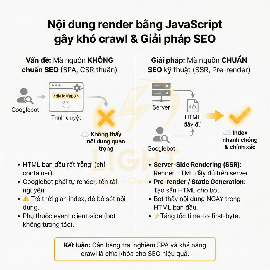 Infographic so sánh nội dung render bằng JavaScript và giải pháp SSR, pre render để tối ưu crawl và SEO