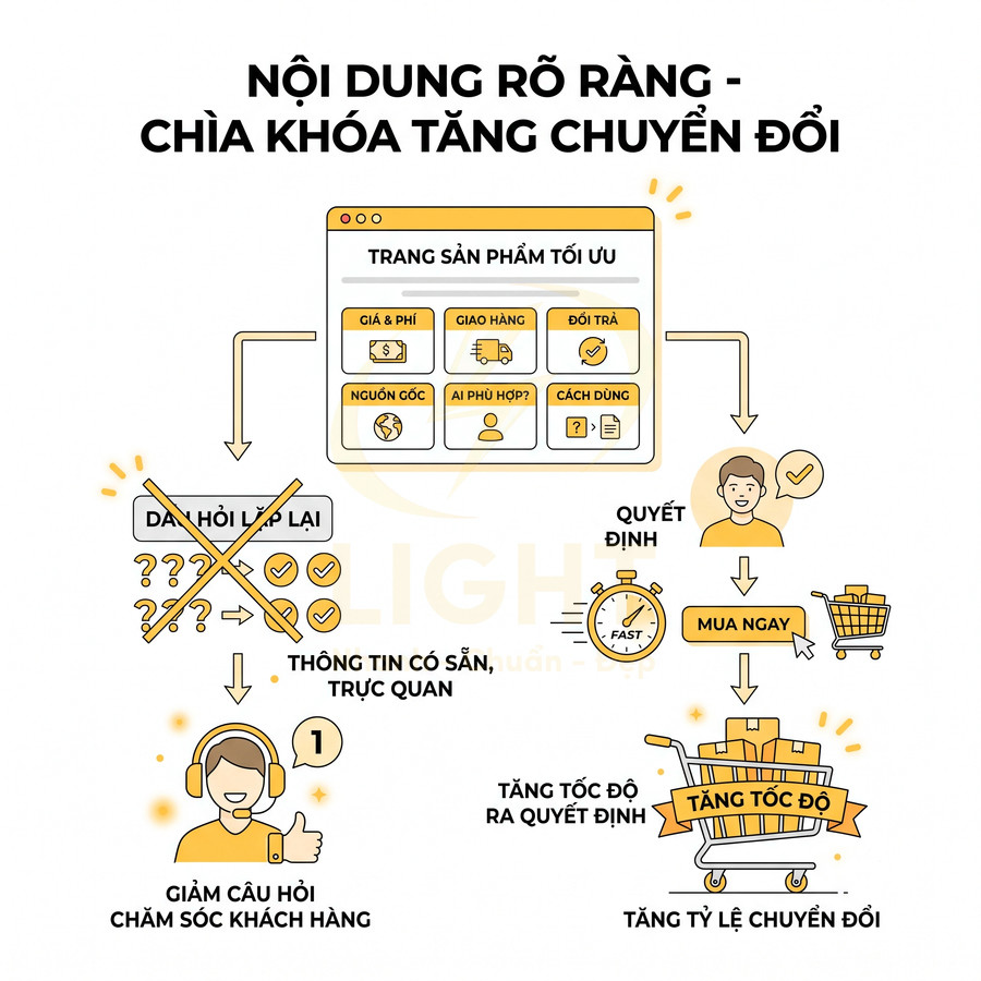 Minh họa trang sản phẩm tối ưu với nội dung rõ ràng giúp khách hàng quyết định mua nhanh và tăng tỷ lệ chuyển đổi