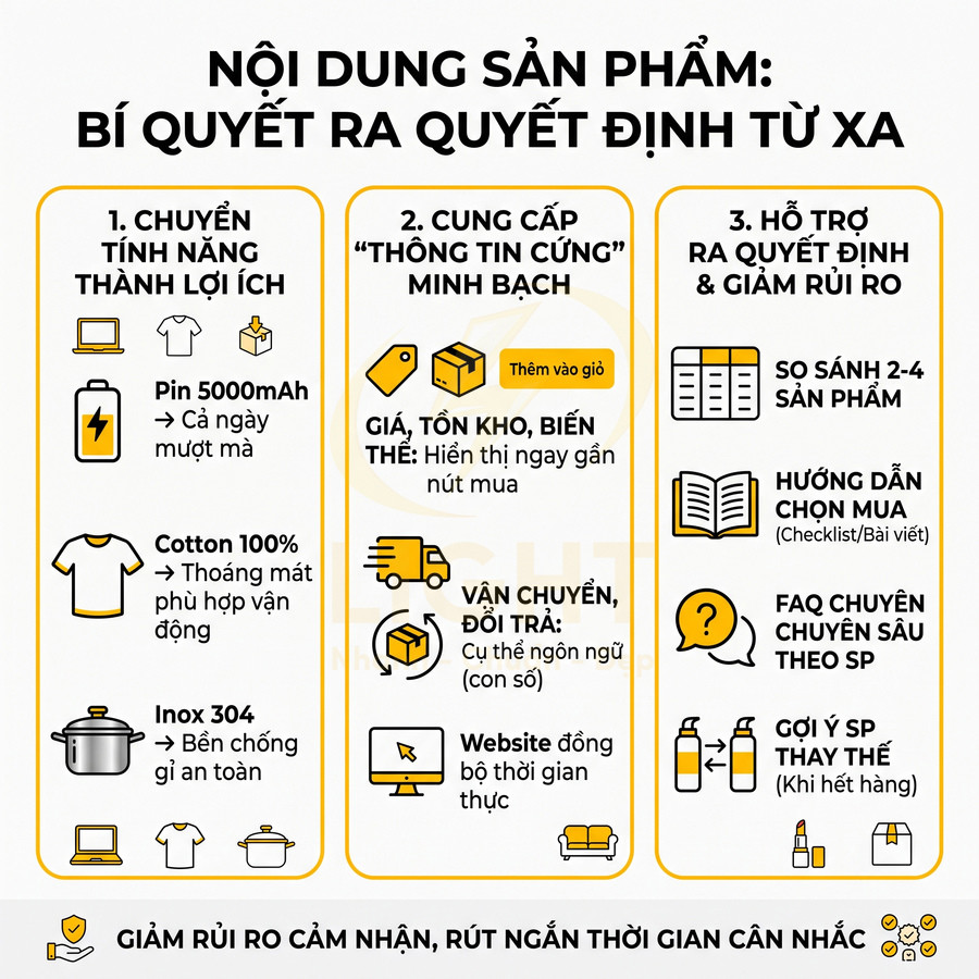 Infographic nội dung sản phẩm với mẹo trình bày tính năng, thông tin minh bạch và hỗ trợ quyết định mua hàng online