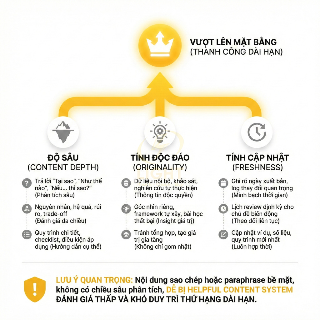 Infographic tiêu chí nội dung chuẩn SEO với độ sâu, tính độc đáo, tính cập nhật để đạt thành công dài hạn