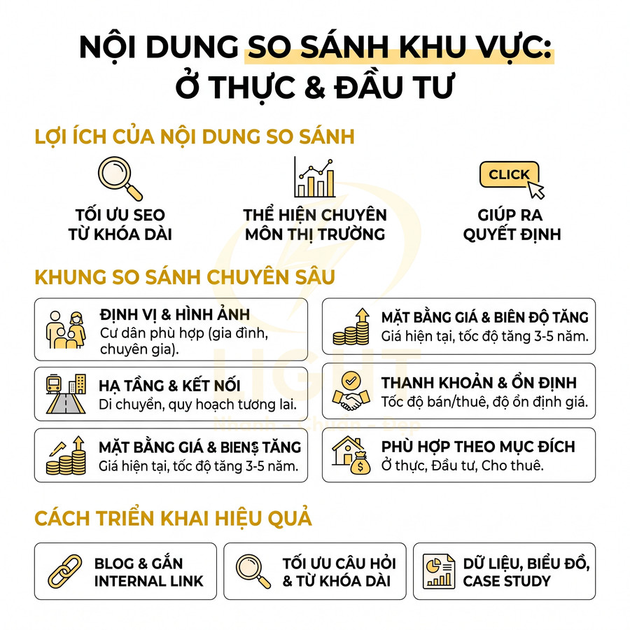 Infographic nội dung so sánh khu vực ở thực và đầu tư, lợi ích SEO, khung so sánh và cách triển khai hiệu quả