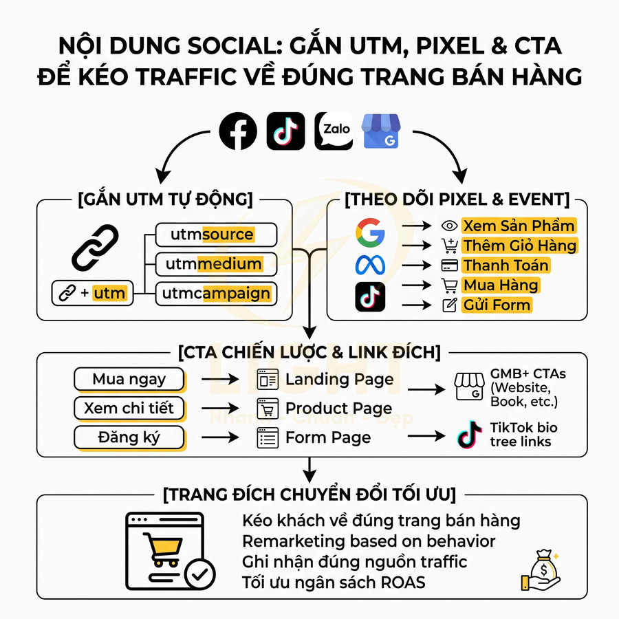Infographic hướng dẫn gắn UTM, pixel và CTA trên mạng xã hội để kéo traffic về đúng trang bán hàng và tối ưu chuyển đổi