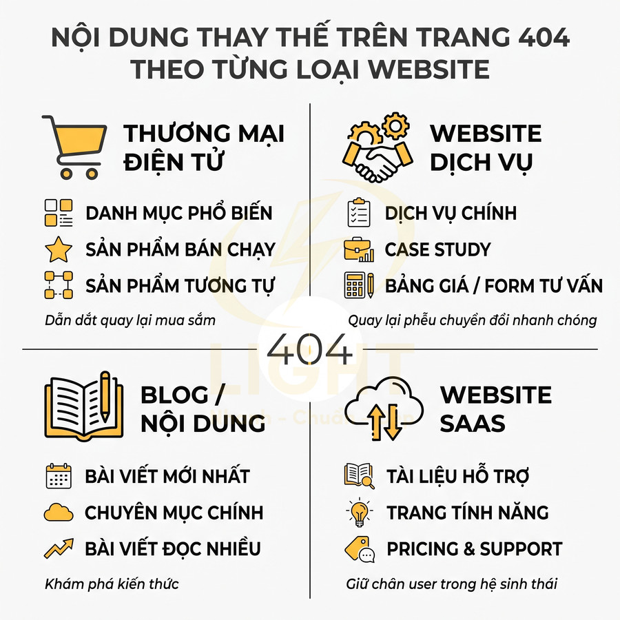Nội dung gợi ý thay thế trên trang 404 cho website thương mại điện tử dịch vụ blog và SaaS