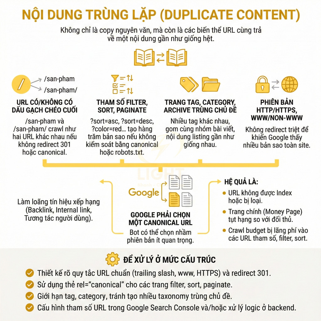 Infographic giải thích nội dung trùng lặp duplicate content trong SEO và cách xử lý canonical URL trên website