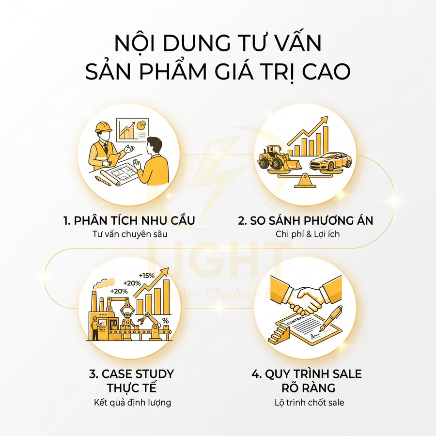 Nội dung tư vấn sản phẩm giá trị cao với 4 bước phân tích nhu cầu, so sánh phương án, case study và quy trình sale
