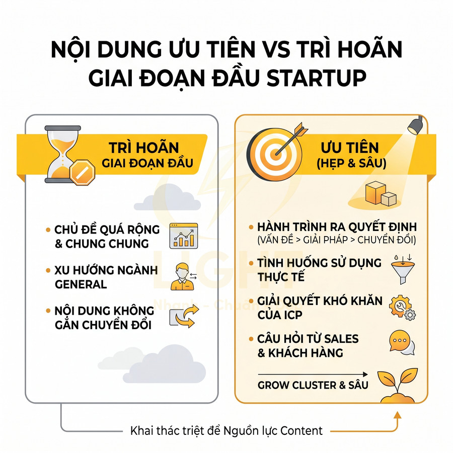 Infographic so sánh nội dung ưu tiên và trì hoãn trong giai đoạn đầu startup để khai thác hiệu quả nguồn lực content