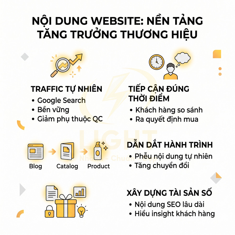 Nội dung website giúp tăng trưởng thương hiệu với traffic tự nhiên, dẫn dắt hành trình mua và xây dựng tài sản số