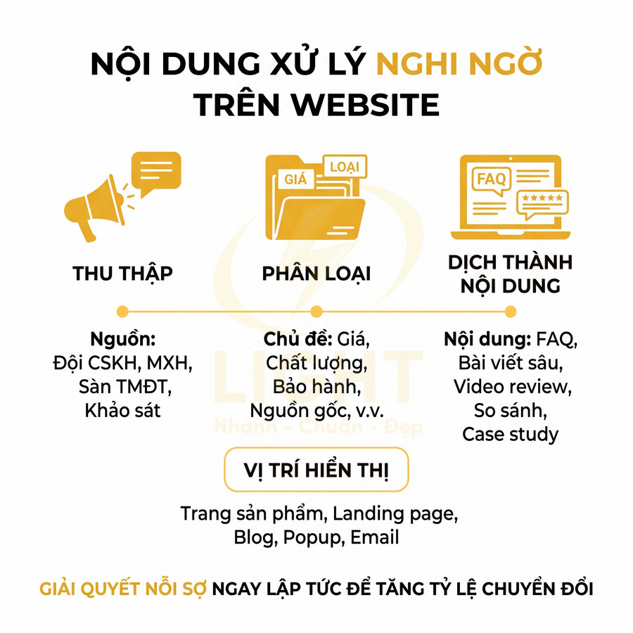 Quy trình xử lý nghi ngờ trên website gồm thu thập, phân loại và chuyển thành nội dung FAQ, review, so sánh