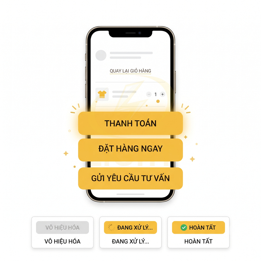 Giao diện ứng dụng mua sắm trên iPhone với các nút thanh toán đặt hàng ngay và gửi yêu cầu tư vấn