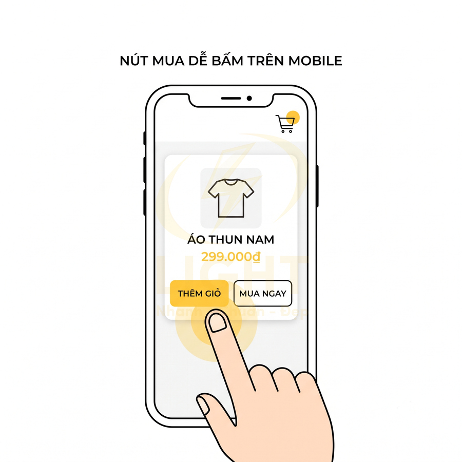 Giao diện mua áo thun nam 299000đ trên điện thoại, ngón tay chạm nút thêm giỏ hàng