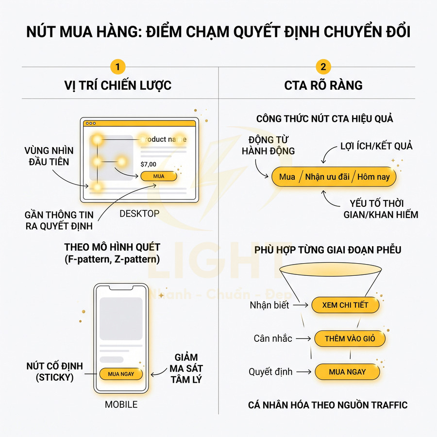 Infographic hướng dẫn tối ưu nút mua hàng CTA trên desktop và mobile để tăng chuyển đổi bán hàng
