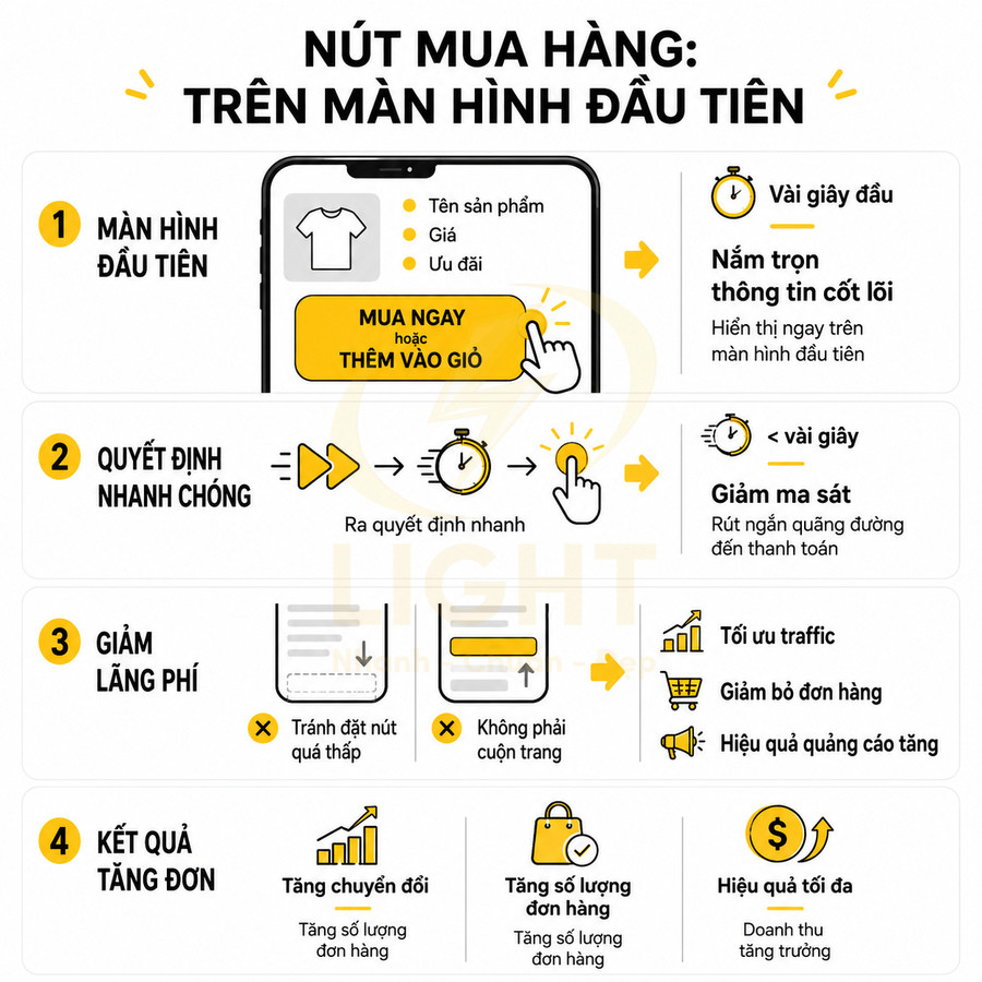 Infographic hướng dẫn đặt nút mua hàng trên màn hình đầu tiên để tăng chuyển đổi và giảm bỏ đơn hàng