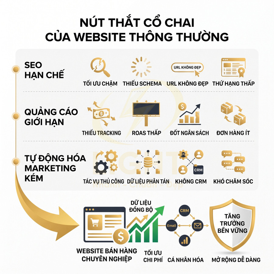 Infographic các nút thắt cổ chai của website thông thường và lợi ích website bán hàng chuyên nghiệp
