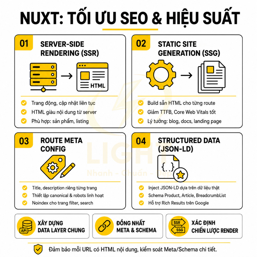 Infographic giới thiệu các tính năng tối ưu SEO và hiệu suất website bằng Nuxt SSR, SSG, route meta config và structured data JSON LD