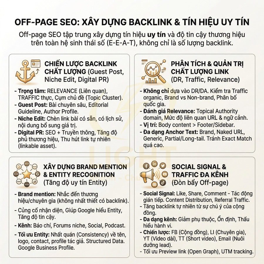 Tổng quan chiến lược Off-page SEO xây dựng backlink chất lượng, brand mention và social signal đa kênh