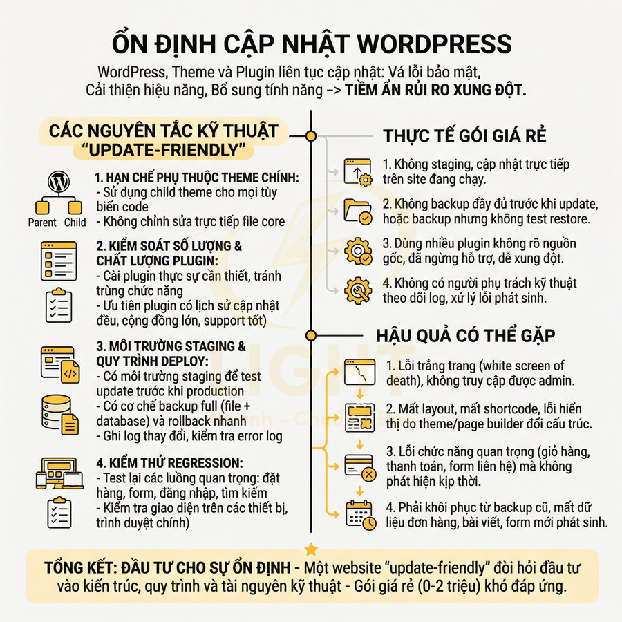 Infographic hướng dẫn kỹ thuật cập nhật WordPress an toàn, tối ưu kiến trúc, plugin và quy trình deploy website