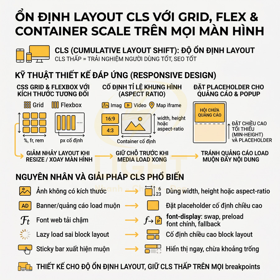 Hướng dẫn tối ưu CLS với grid, flex và container scale trong thiết kế web responsive, giảm nhảy layout và quảng cáo dịch chuyển