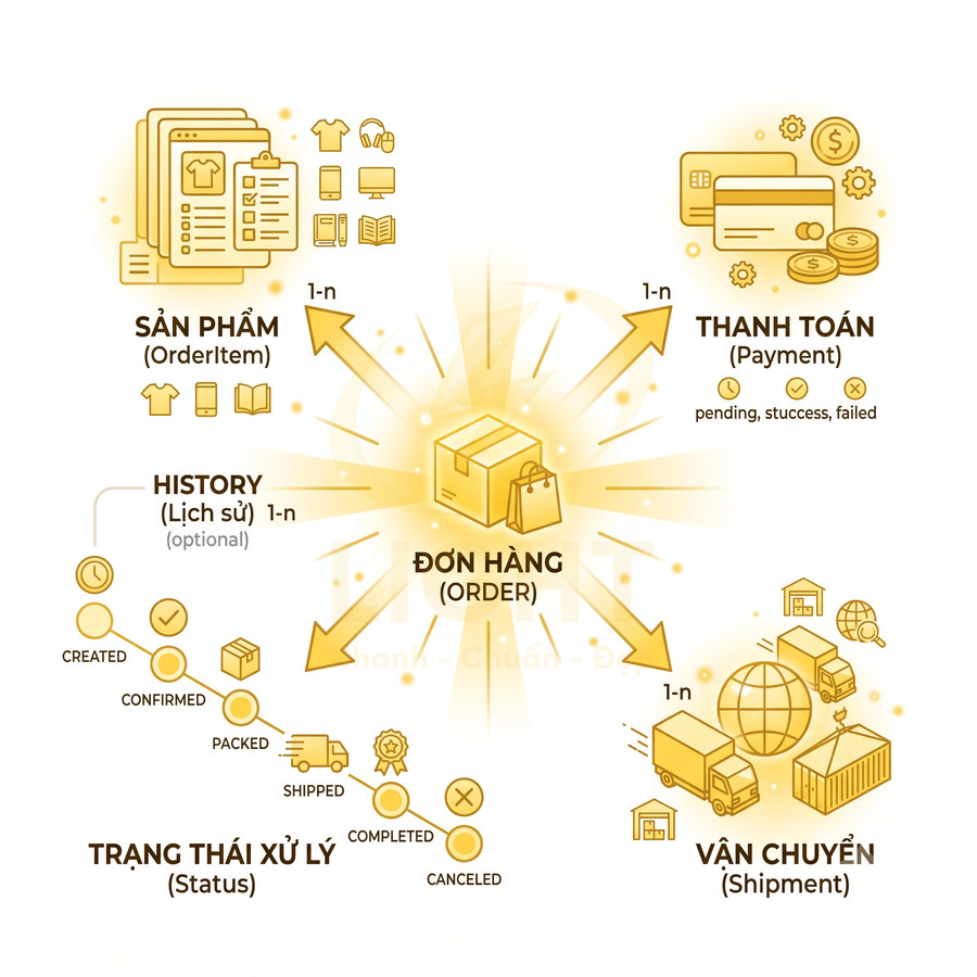 Sơ đồ quy trình xử lý đơn hàng thương mại điện tử gồm sản phẩm, thanh toán, vận chuyển và trạng thái đơn hàng