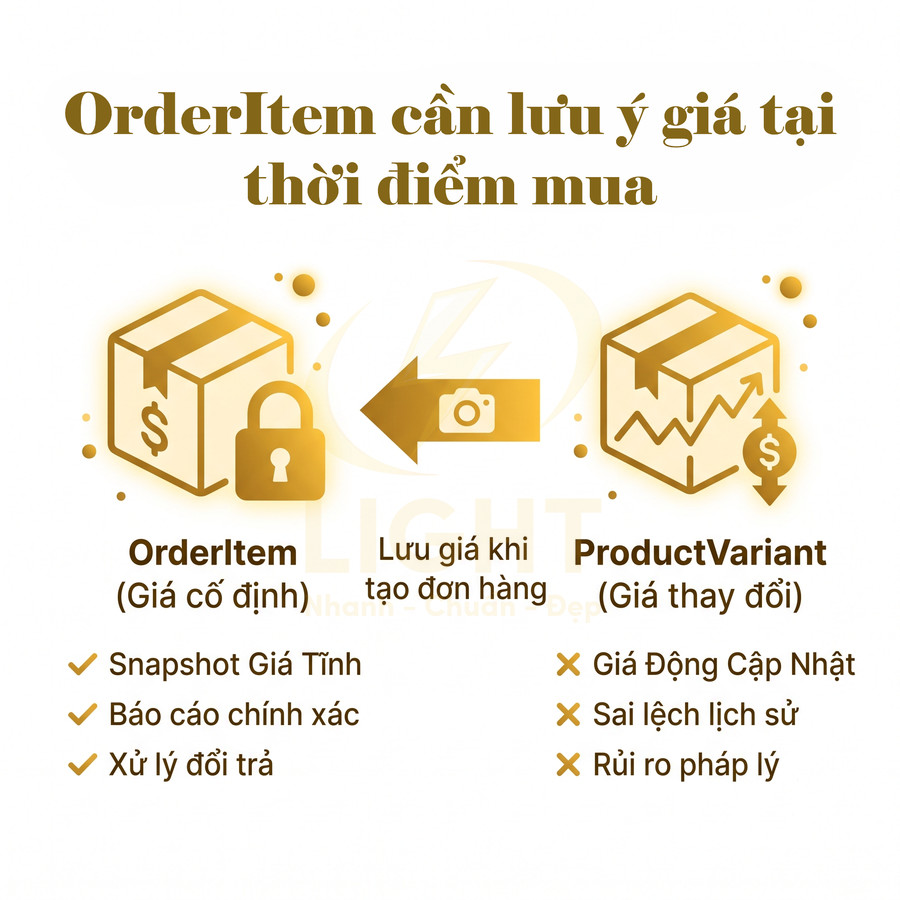 Minh họa so sánh OrderItem giá cố định và ProductVariant giá thay đổi trong quản lý đơn hàng ecommerce