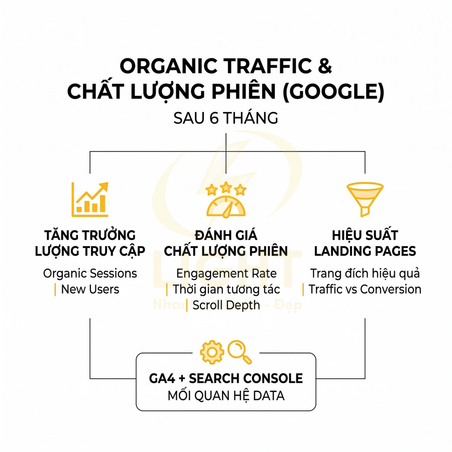 Mô hình GA4 và Search Console phân tích organic traffic, chất lượng phiên và hiệu suất landing page sau 6 tháng