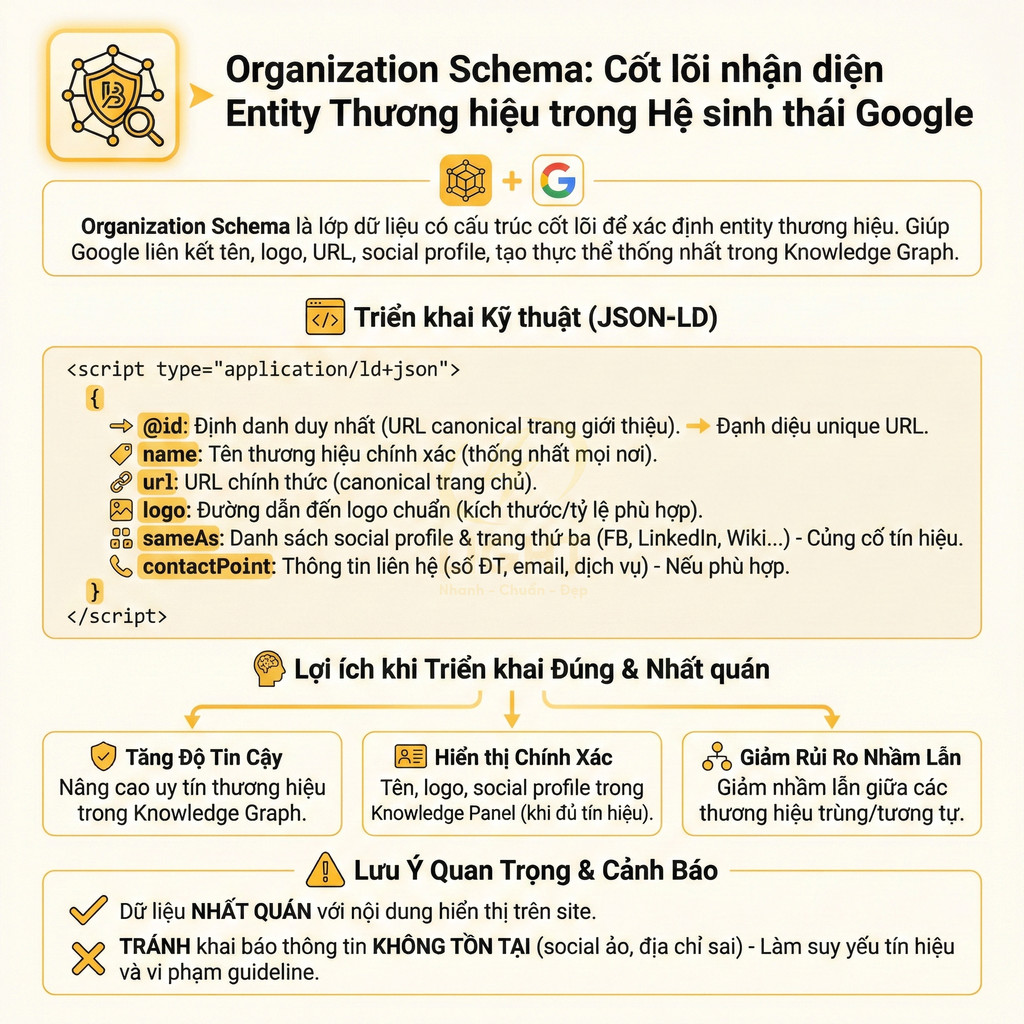 Infographic hướng dẫn triển khai Organization Schema JSON LD để tăng nhận diện entity thương hiệu trên Google