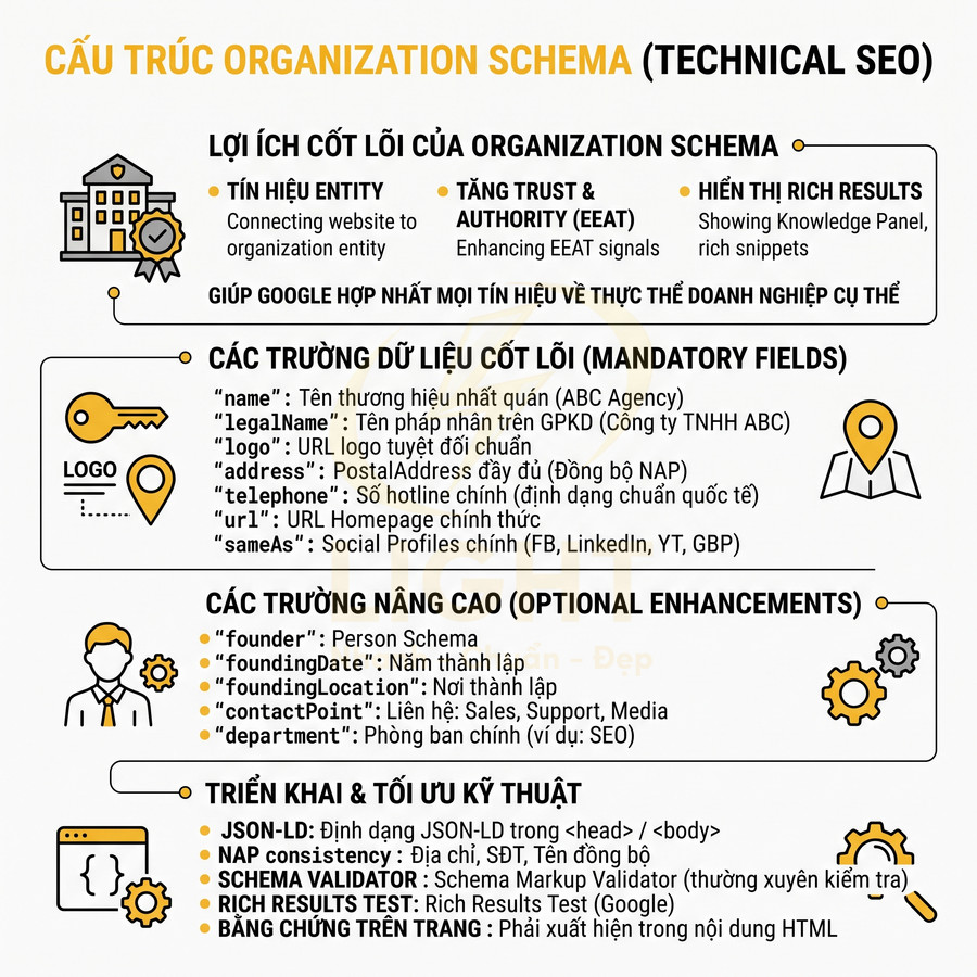 Cấu trúc Organization Schema trong technical SEO với các trường dữ liệu cốt lõi và hướng dẫn triển khai