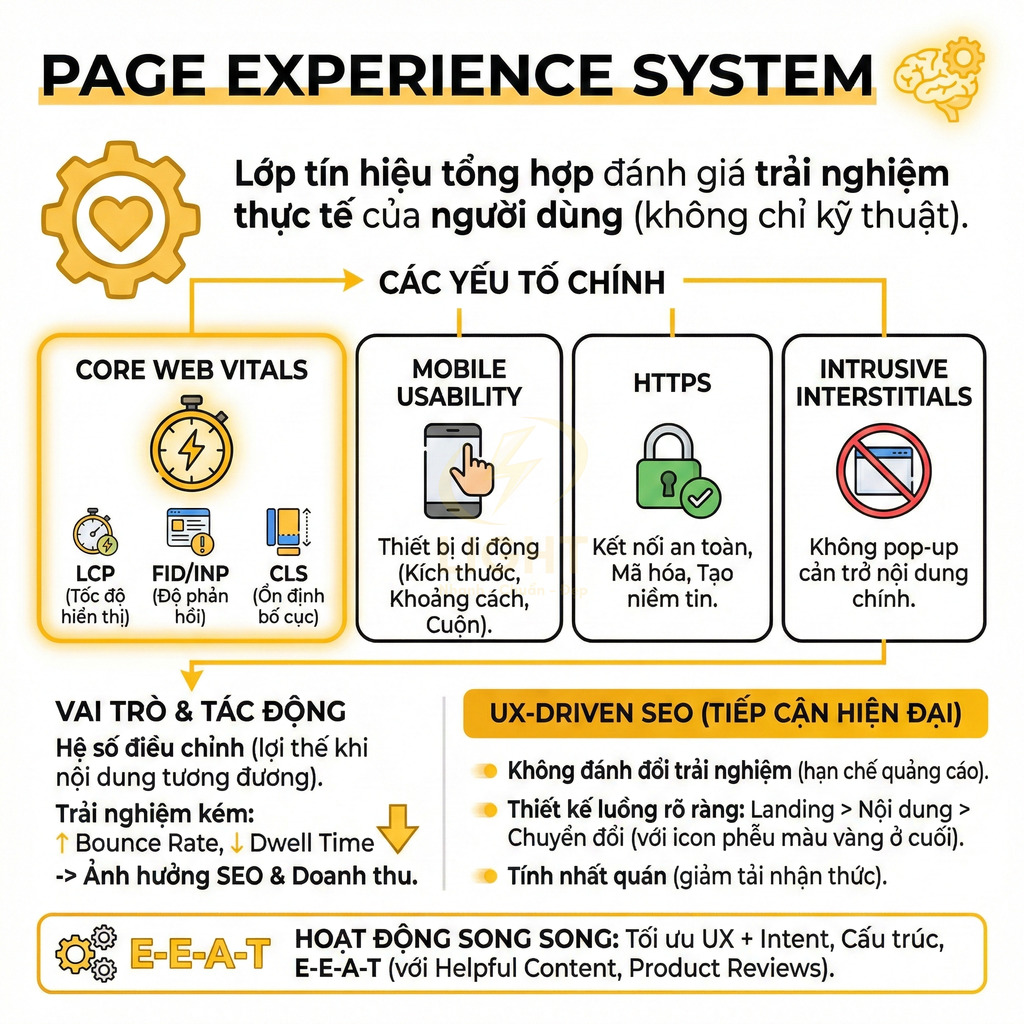 Infographic hệ thống Page Experience trong SEO với các yếu tố Core Web Vitals, mobile usability, HTTPS và intrusive interstitials