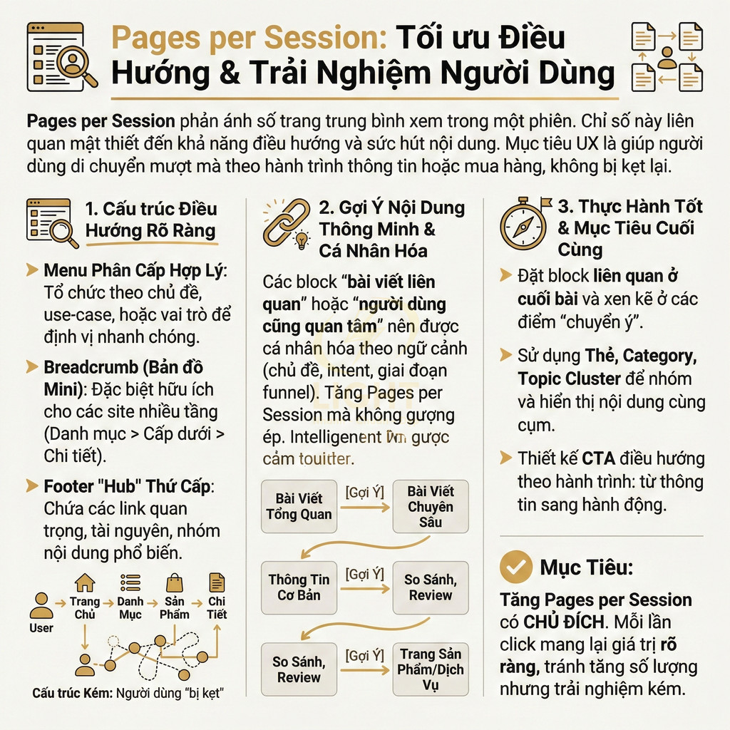 Infographic tối ưu Pages per Session với cấu trúc điều hướng, gợi ý nội dung và CTA cải thiện trải nghiệm người dùng