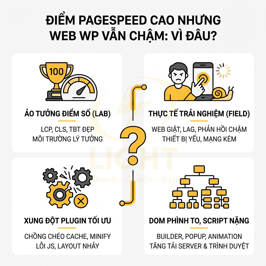 Infographic lý giải vì sao điểm PageSpeed cao nhưng website WordPress vẫn chậm với các nguyên nhân chính và biểu tượng minh họa