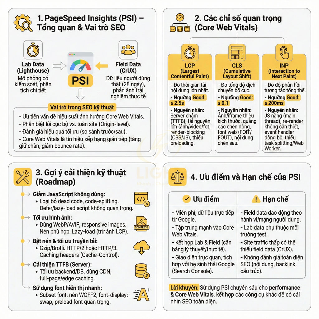 Infographic tiếng Việt giải thích PageSpeed Insights PSI, Core Web Vitals và gợi ý tối ưu kỹ thuật SEO cho website