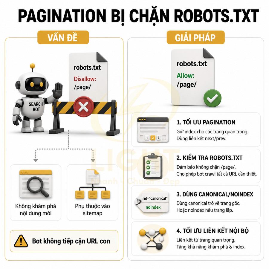 Infographic hướng dẫn xử lý lỗi pagination bị chặn robots.txt và tối ưu SEO cho bot thu thập dữ liệu