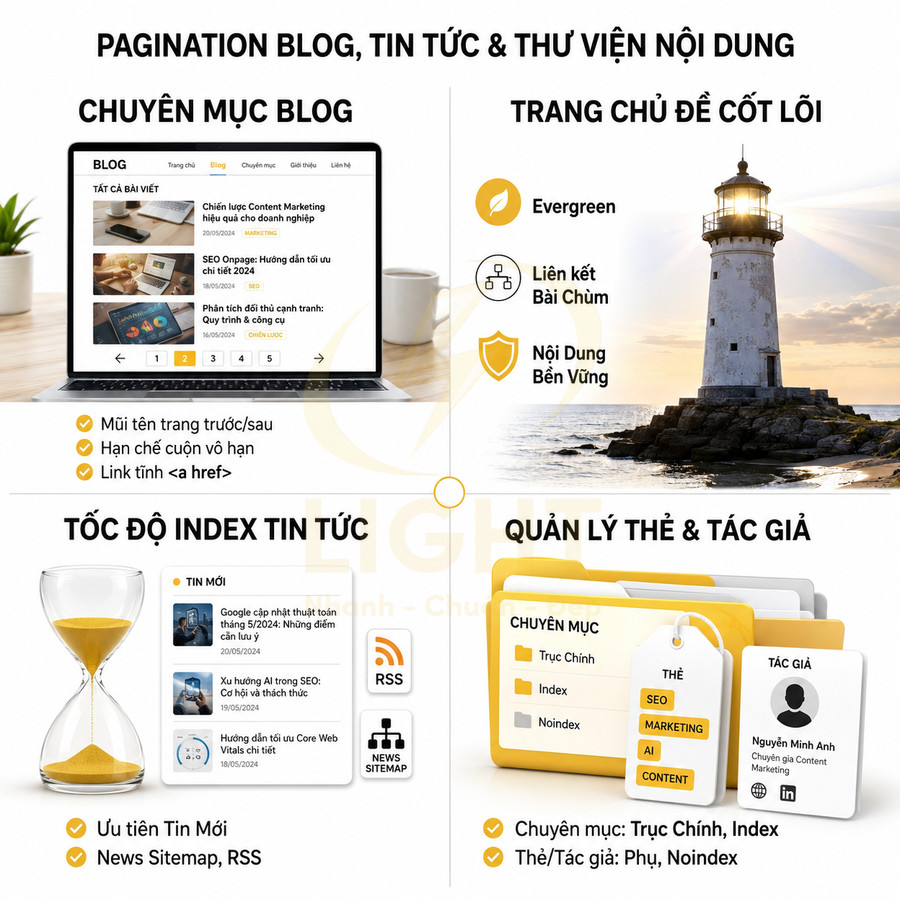 Mô tả tính năng pagination blog, tin tức, tốc độ index và quản lý thẻ tác giả trong chiến lược SEO nội dung