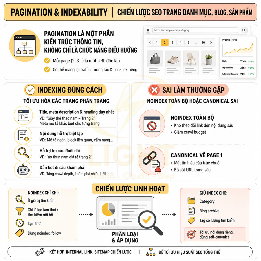 Infographic hướng dẫn chiến lược SEO pagination và index cho trang danh mục blog sản phẩm
