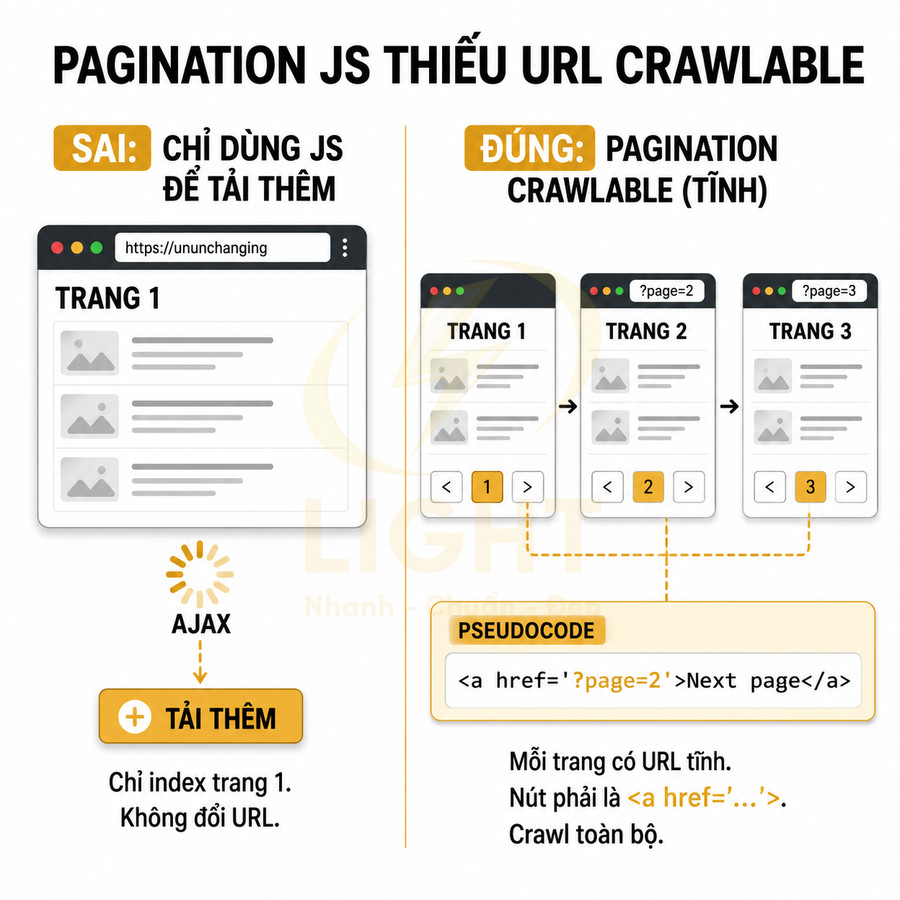 Minh họa so sánh phân trang JS dùng AJAX và phân trang tĩnh có URL crawlable chuẩn SEO