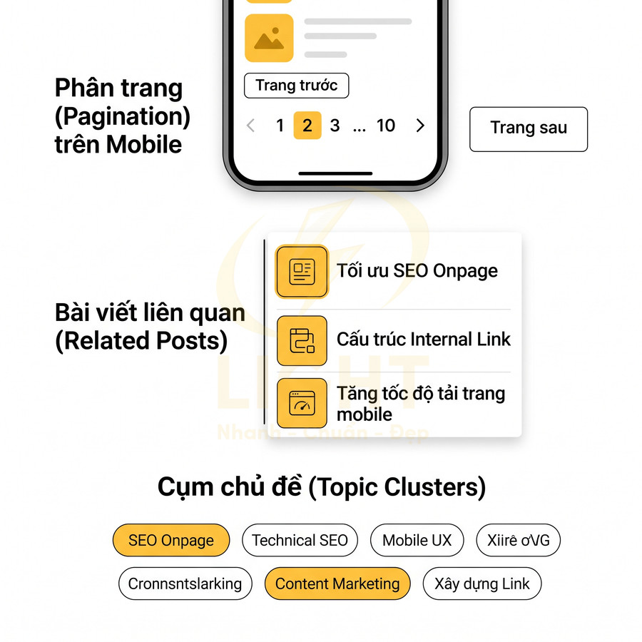 Giao diện phân trang mobile, bài viết liên quan và cụm chủ đề SEO Onpage, Technical SEO, Content Marketing